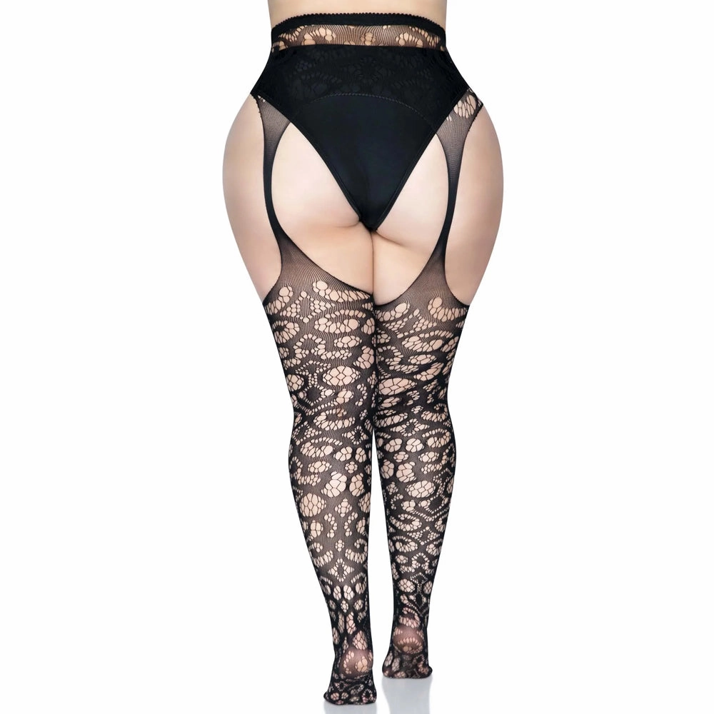 Leg Avenue Gia Scroll Lace Crotchless Garter Pantyhose - Curvy