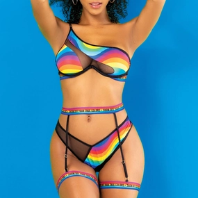 Mapale Mesh Splice One-Shoulder Underwired Top, Garter & Panty Set