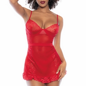 Mapale Ruffled Sheer Mesh & Lace Open-Rear Babydoll & Thong