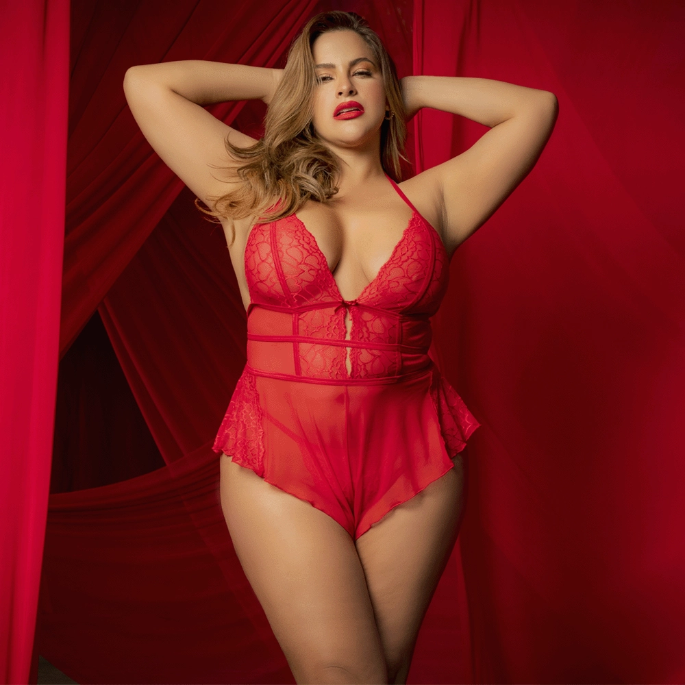 Mapale Sheer Heart Mesh Halter Romper Teddy & Thong - Curvy