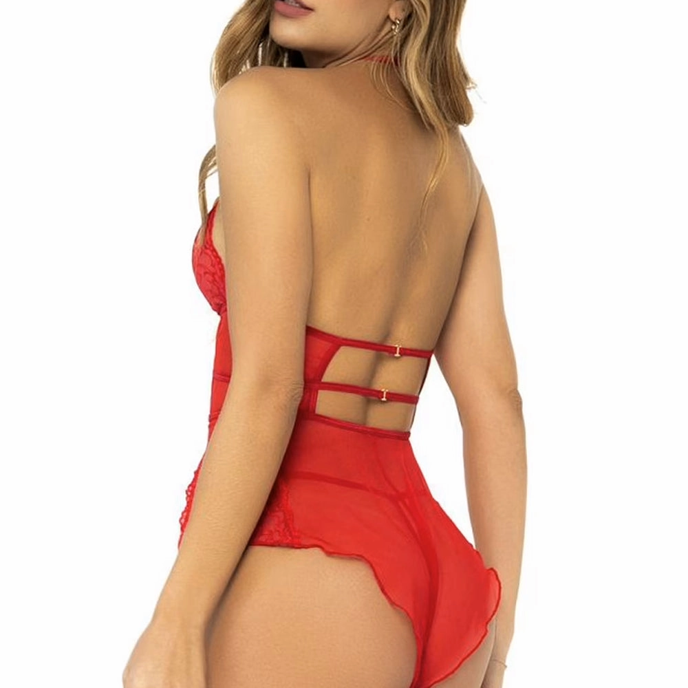 Mapale Sheer Heart Mesh Halter Romper Teddy & Thong