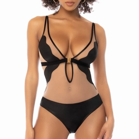 Mapale Sheer Mesh Silhouette Plunge Bodysuit