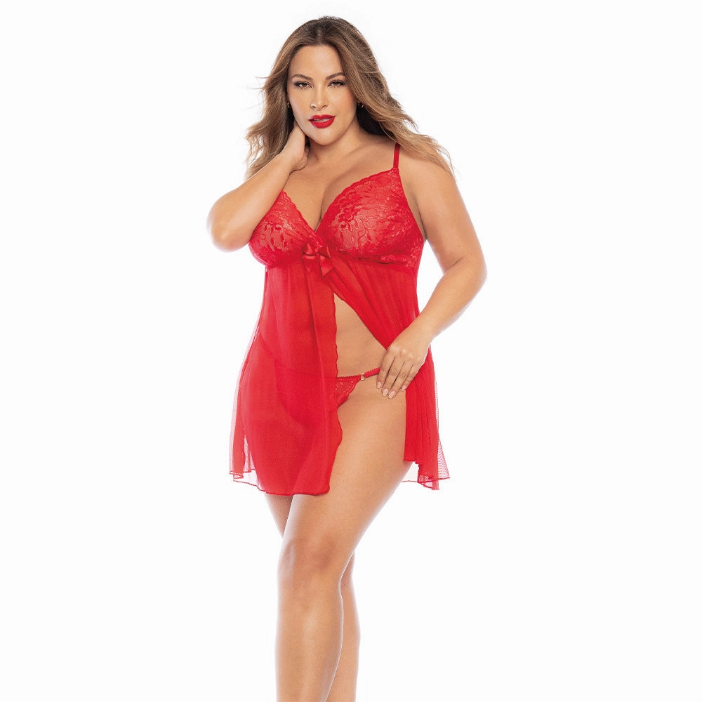 Mapale Sheer Mesh Split-Front Babydoll & Thong - Curvy