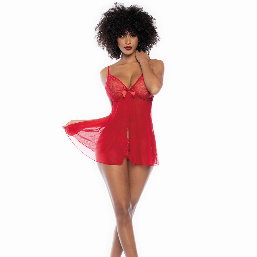Mapale Sheer Mesh Split-Front Babydoll & Thong
