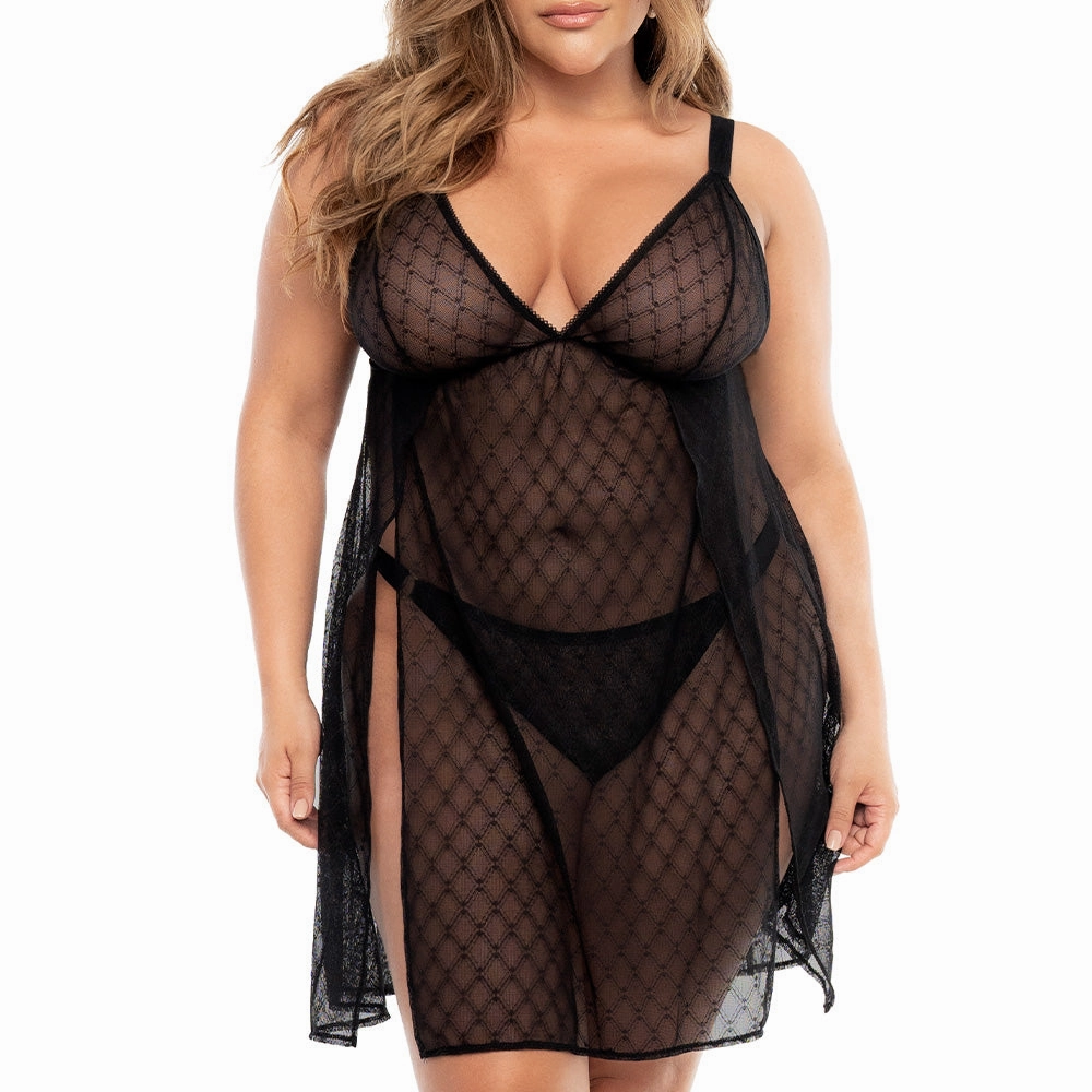 Mapale Side-Split Sheer Diamond Net Mesh Babydoll & Panty - Curvy