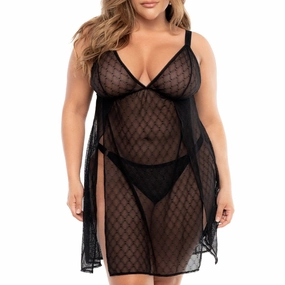 Mapale Side-Split Sheer Diamond Net Mesh Babydoll & Panty - Curvy
