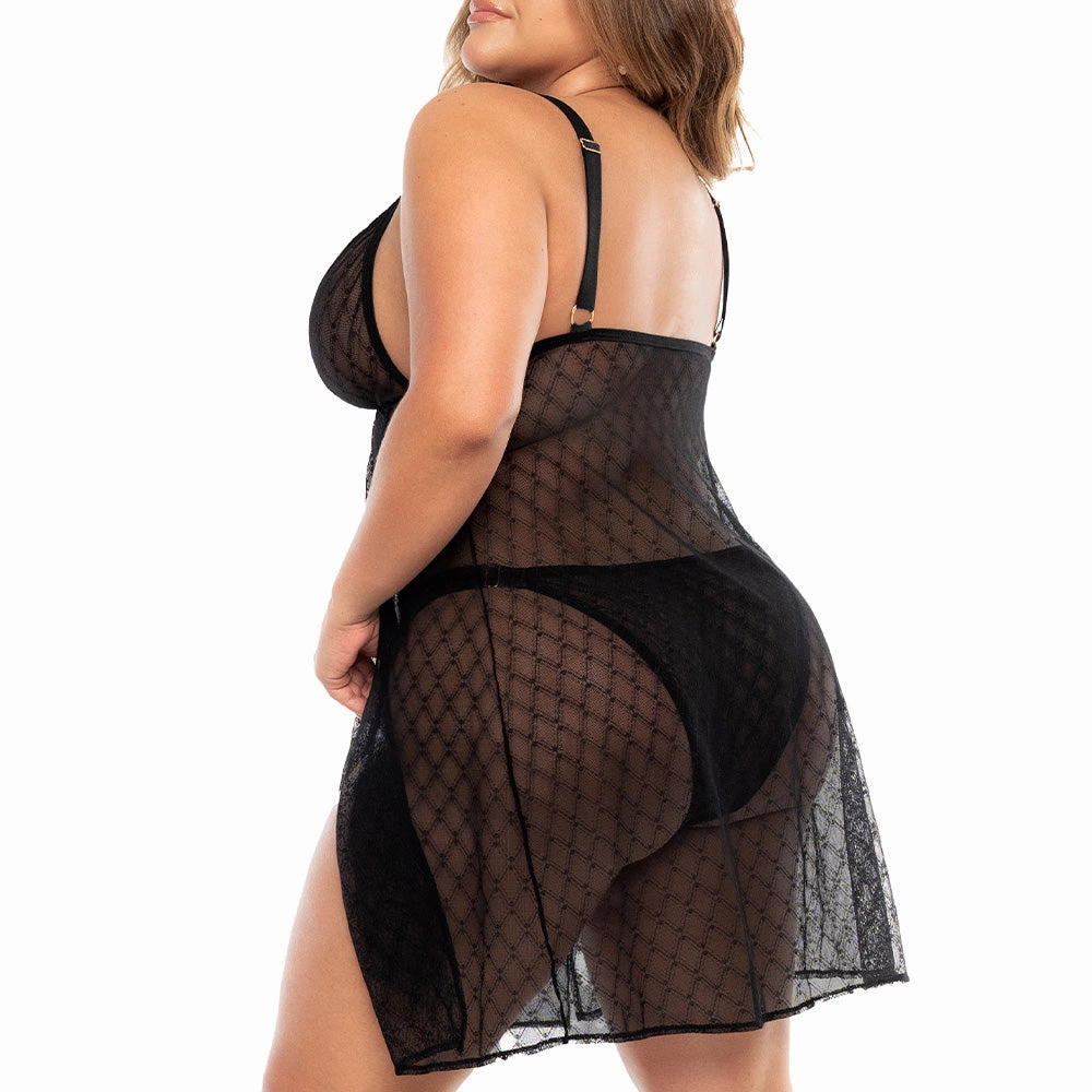 Mapale Side-Split Sheer Diamond Net Mesh Babydoll & Panty - Curvy