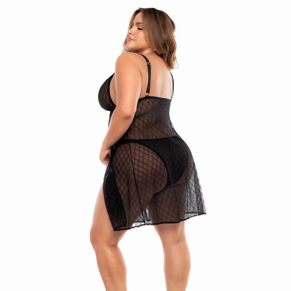 Mapale Side-Split Sheer Diamond Net Mesh Babydoll & Panty - Curvy