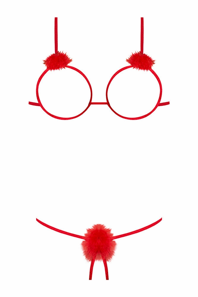 Marabou Red Cupless Bra & Crotchless G-String Set