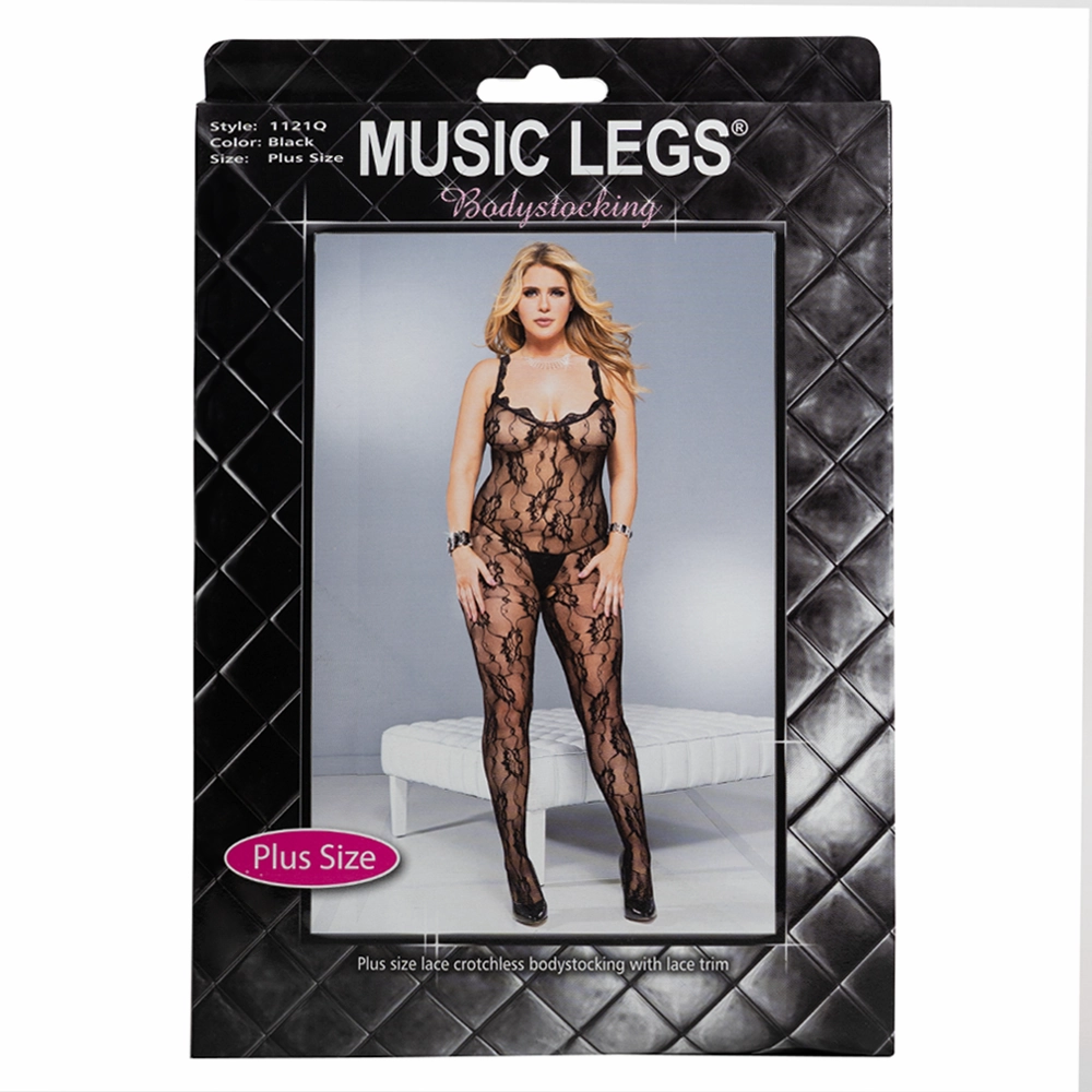 Music Legs Sheer Lace Trim Crotchless Bodystocking - Curvy