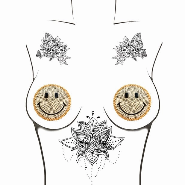 Neva Nude - Burlesque Smile Face Jewel Reusable Silicone Pasties Nipple Covers O/S (Gold)