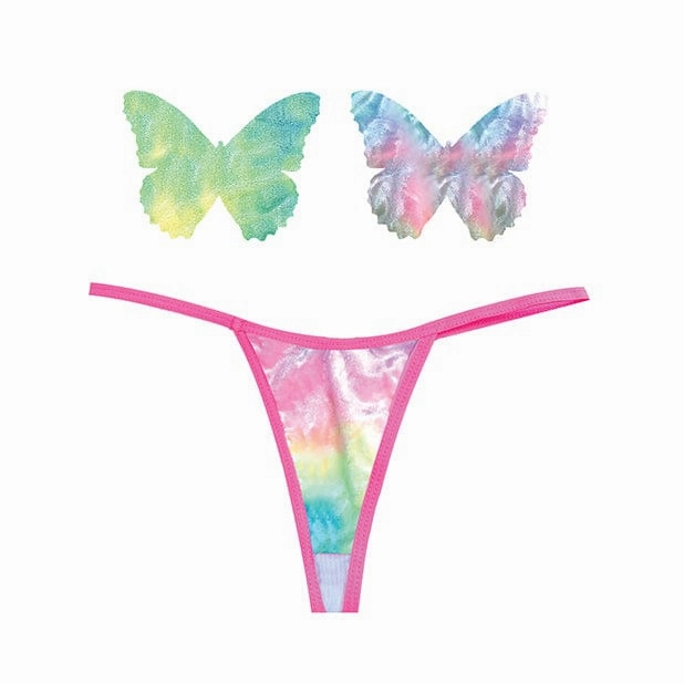 Neva Nude - Naughty Knix Rainbow Sherbet Velvet G String with Butterfly Pasties O/S (Rainbow)