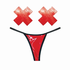 Neva Nude - Naughty Knix Vixen Wet Vinyl G String and Pasties Nipple Covers Set O/S (Red)