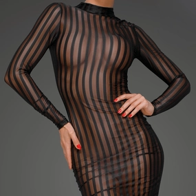 Noir Handmade Sheer Pinstripe Tulle Mock Neck Dress