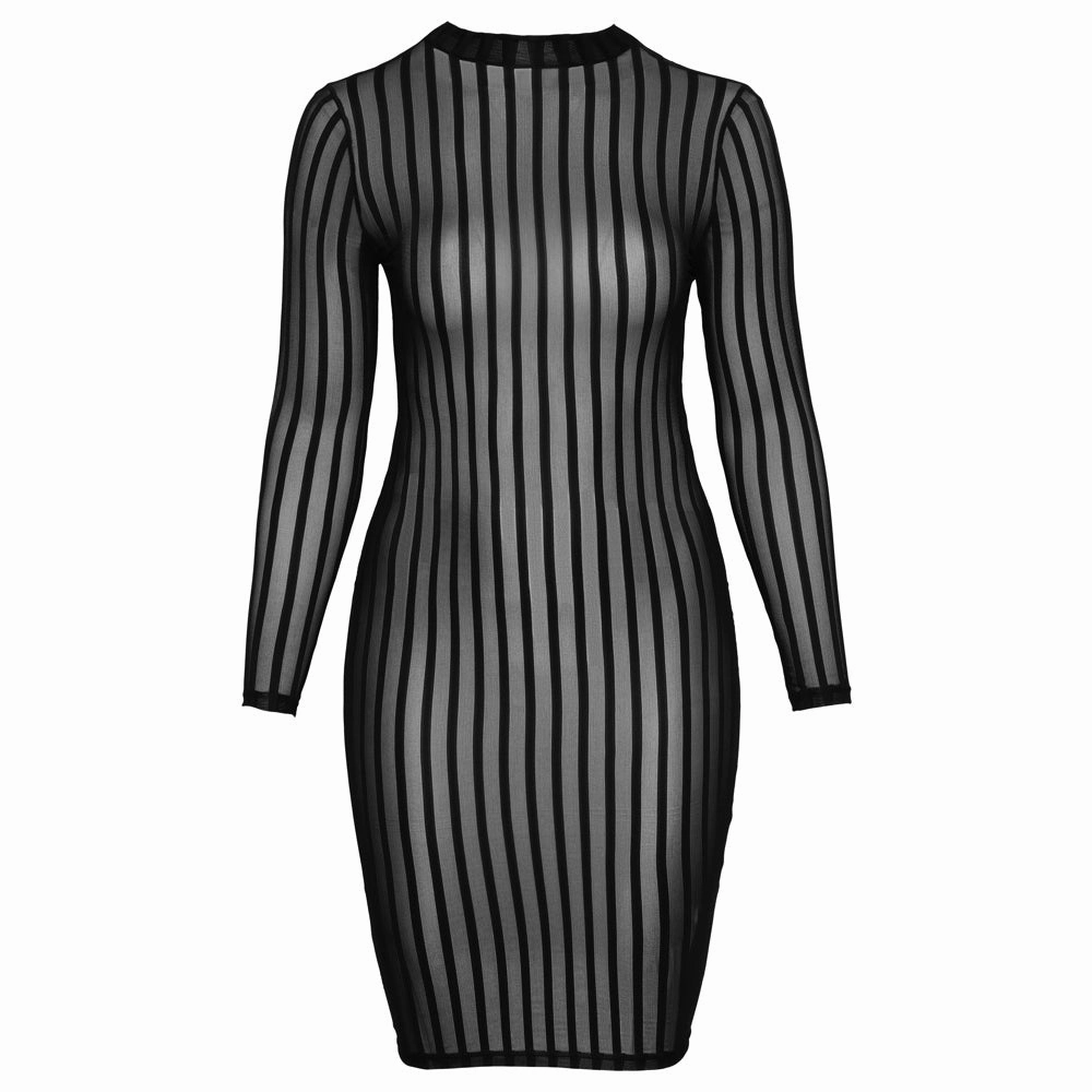 Noir Handmade Sheer Pinstripe Tulle Mock Neck Dress - Curvy