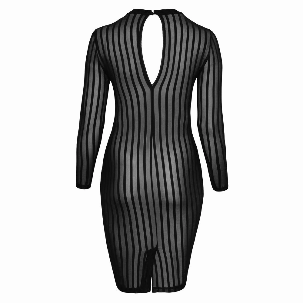 Noir Handmade Sheer Pinstripe Tulle Mock Neck Dress - Curvy