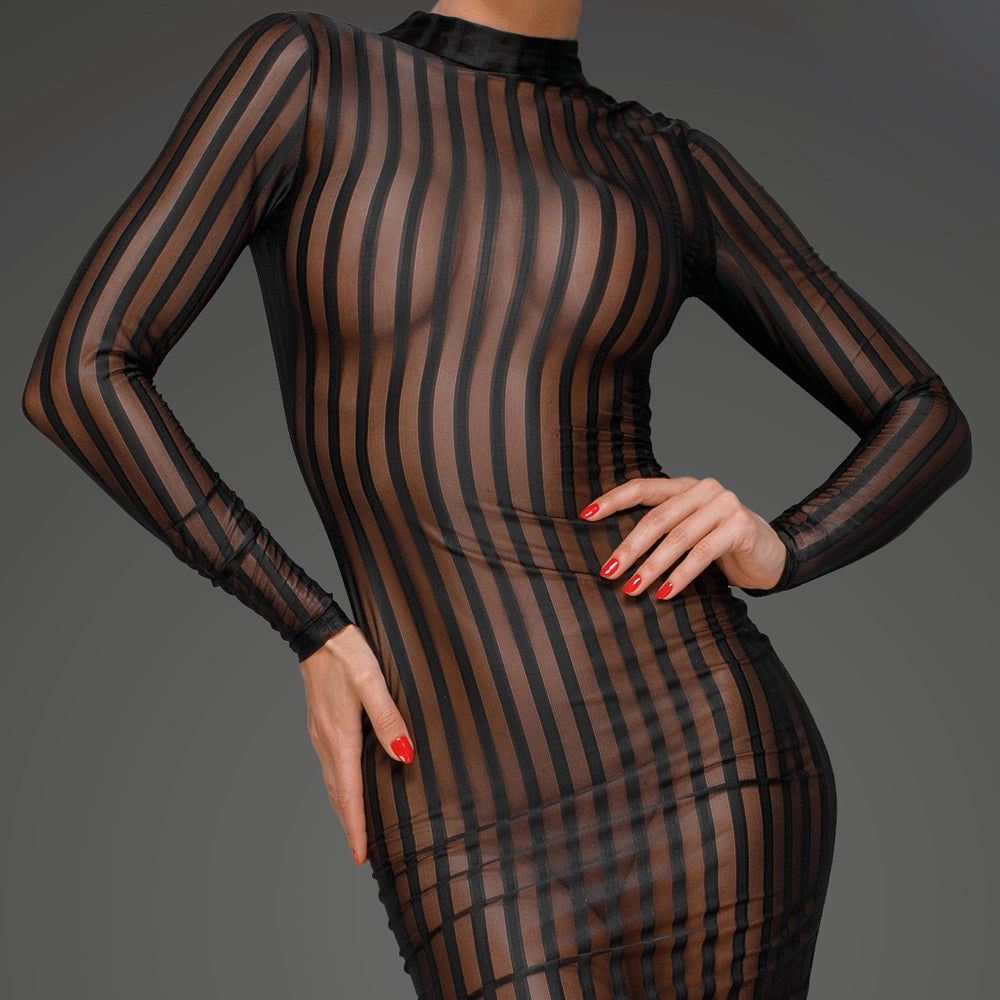 Noir Handmade Sheer Pinstripe Tulle Mock Neck Dress