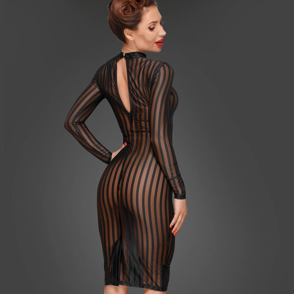 Noir Handmade Sheer Pinstripe Tulle Mock Neck Dress