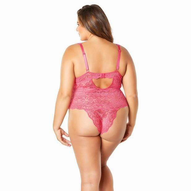 Oh la la cheri - Soft Edged Galloon Lace Teddy with Adjustable Straps and Snaps Crotch 1X (Pink)