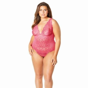Oh la la cheri - Soft Edged Galloon Lace Teddy with Adjustable Straps and Snaps Crotch 1X (Pink)