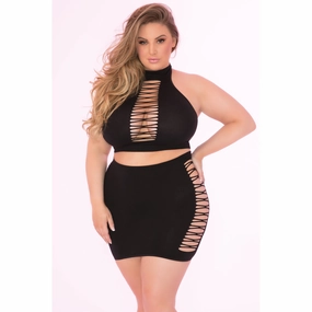 Pink Lipstick - Pair Down 2 Pieces High Neck Set Costume Queen (Black)