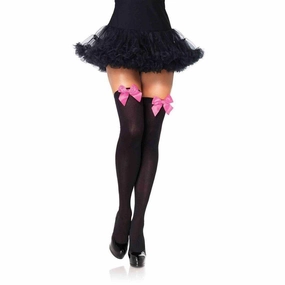 Stockings - Black with Neon Pink Satin Bow Over the Knee