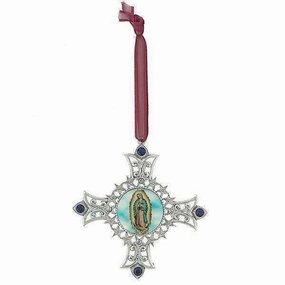 Symbols of Faith Cross & Our Lady Of Guadalupe Decal Blue European Crystal Christmas Tree Ornament