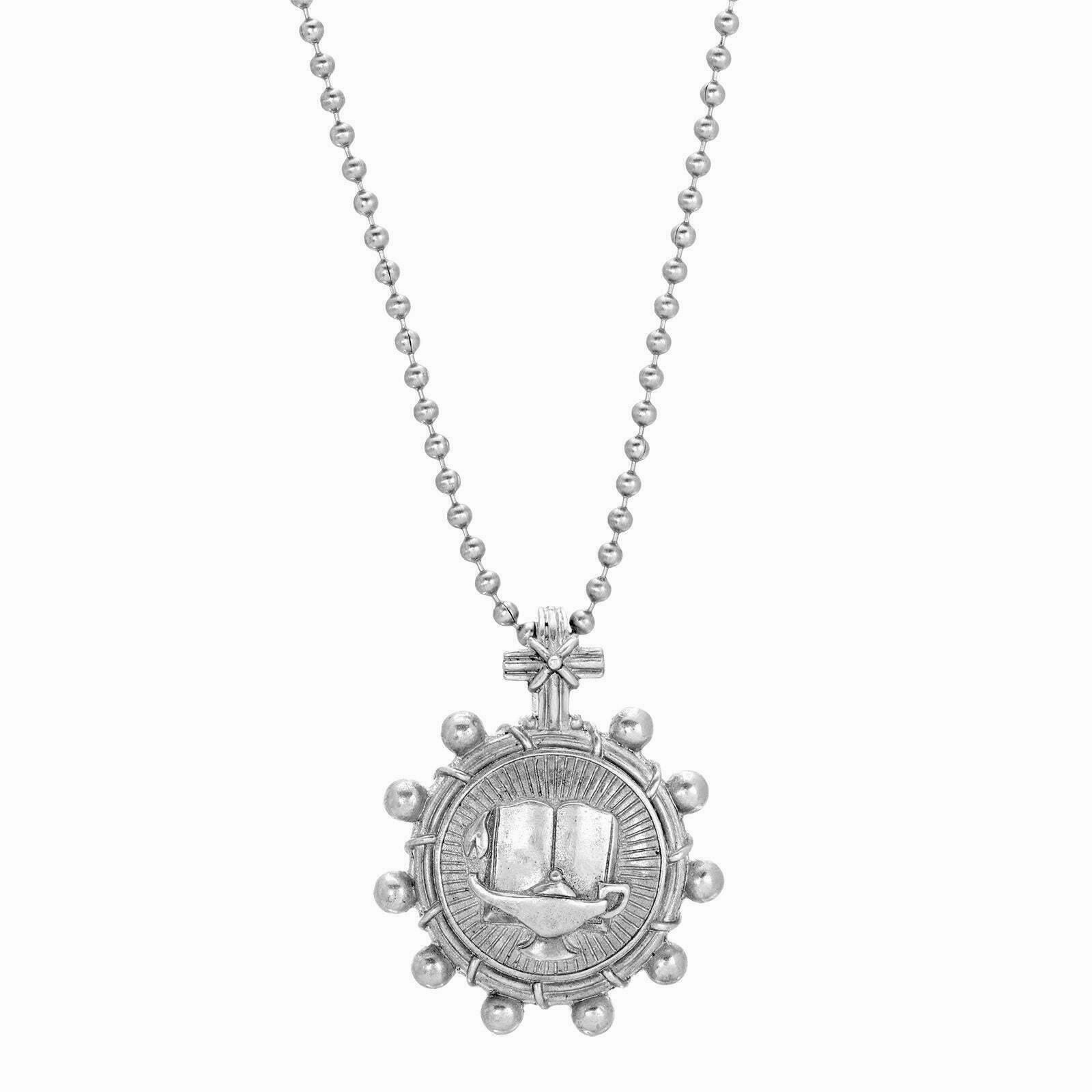 Symbols Of Faith Double Sided Lamp And Bible Rosary Reliquary Pendant Necklace 22"