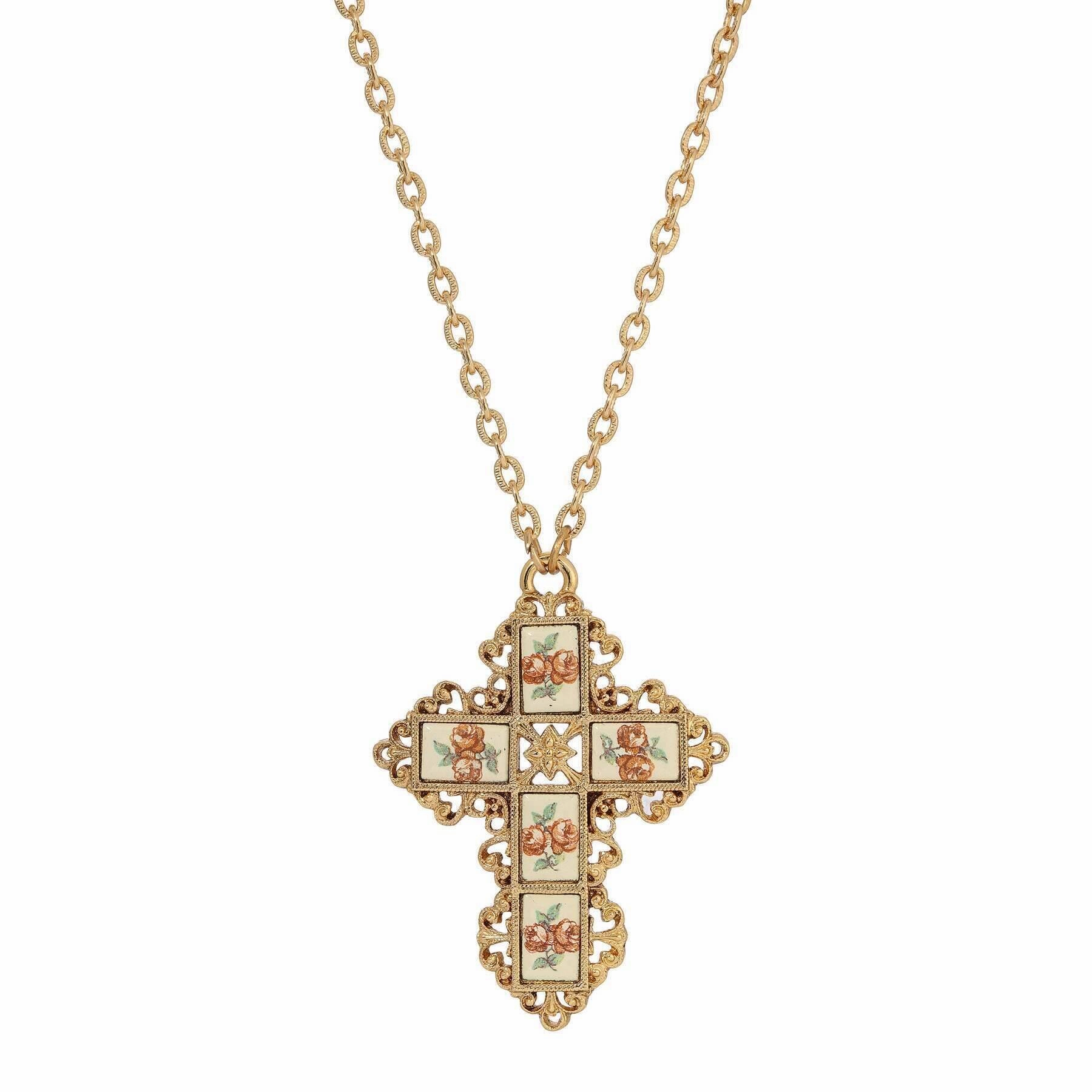 Symbols Of Faith Filigree Cross Floral Enamel Stone Pendant Necklace 28"