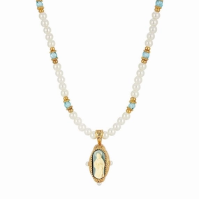 Symbols Of Faith Glass Faux Pearl & Aqua Fire Polished Crystal Saint Mary Cameo Pendant Necklace 16"