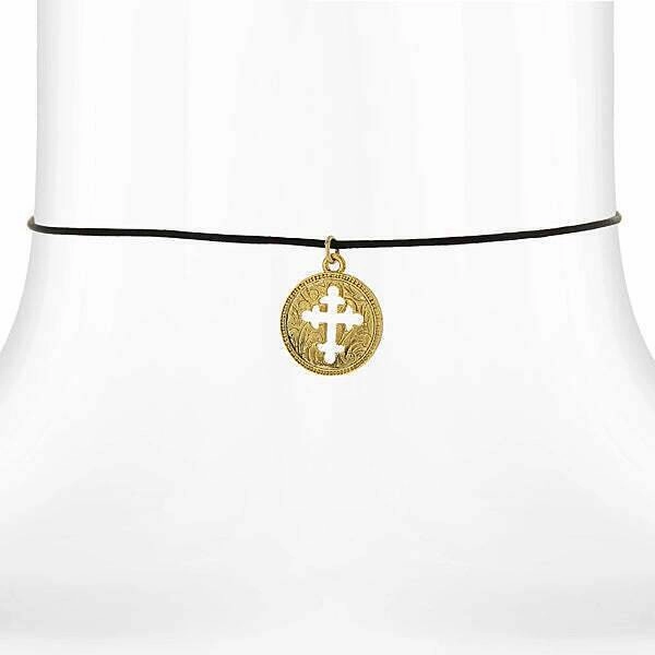 Symbols Of Faith Gold Budded Cross Pendant Black Satin Cord Necklace 14"   3" Extender