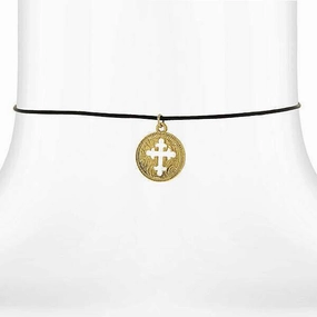 Symbols Of Faith Gold Budded Cross Pendant Black Satin Cord Necklace 14"   3" Extender