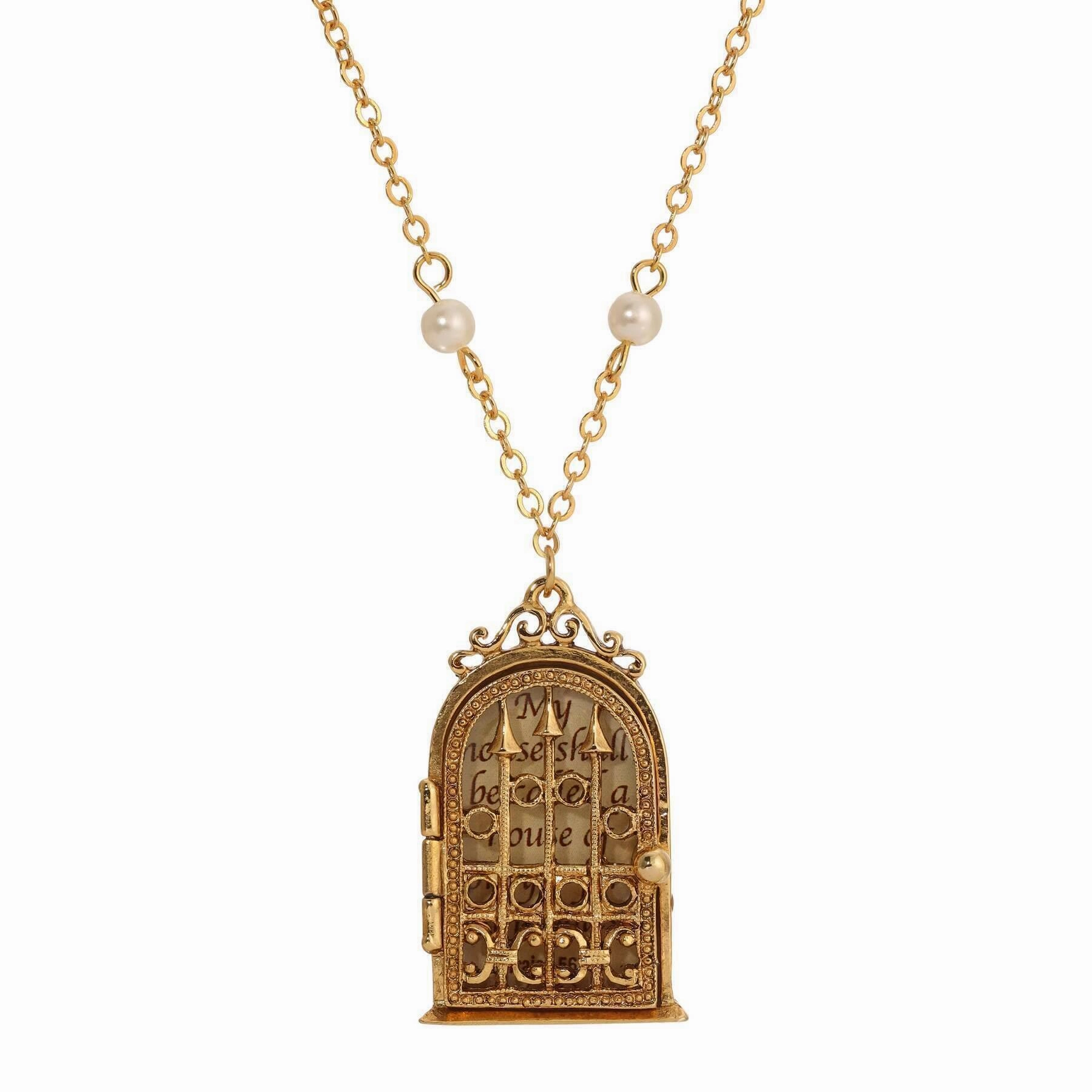 Symbols Of Faith Isaiah 56:7 Door Locket Faux Pearl Necklace 24"