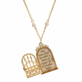 Symbols Of Faith Isaiah 56:7 Door Locket Faux Pearl Necklace 24"