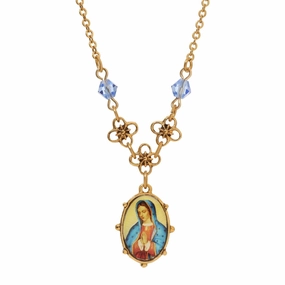 Symbols Of Faith Light Blue Small Oval Mary Pendant Necklace 16"   3" Extender