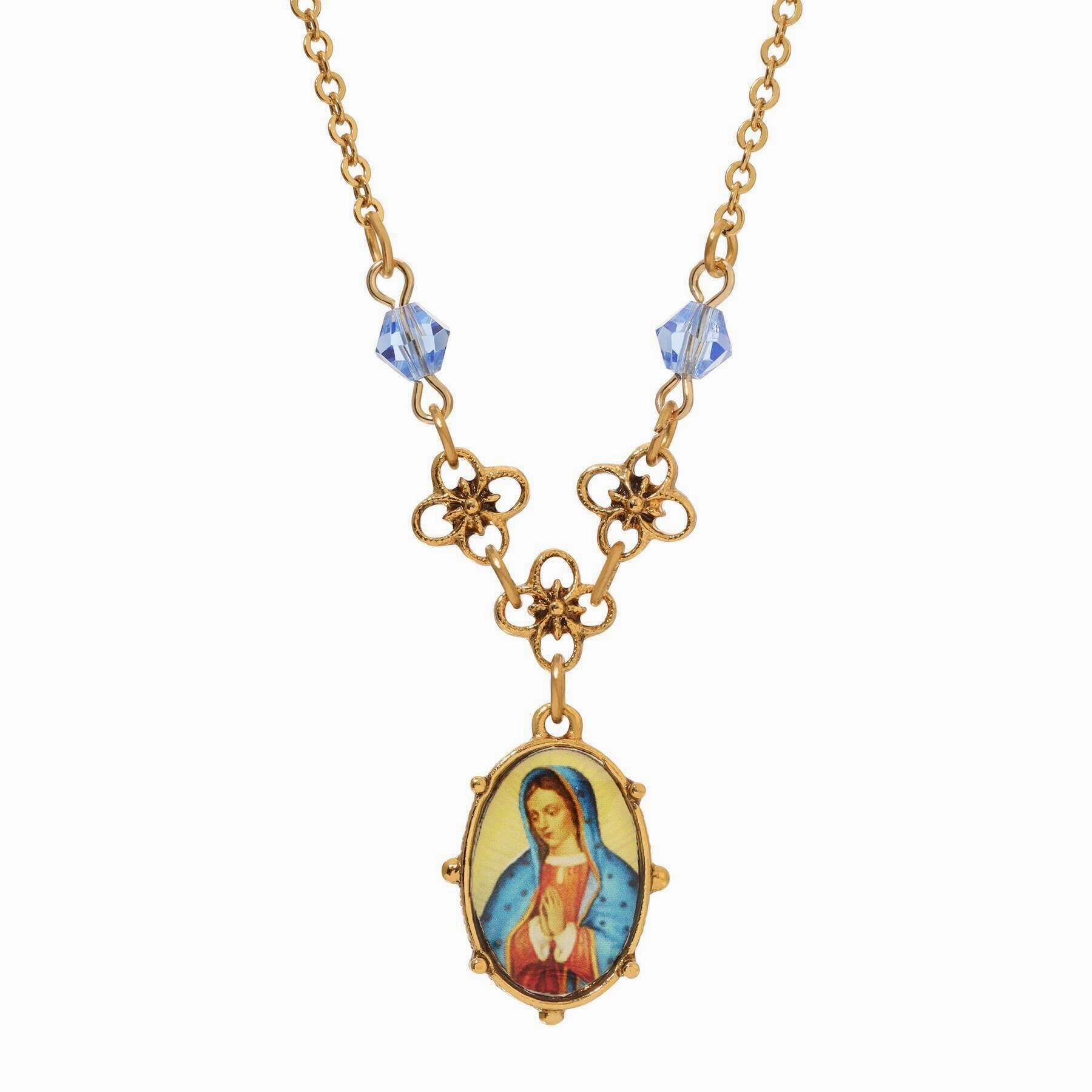 Symbols Of Faith Light Blue Small Oval Mary Pendant Necklace 16"   3" Extender