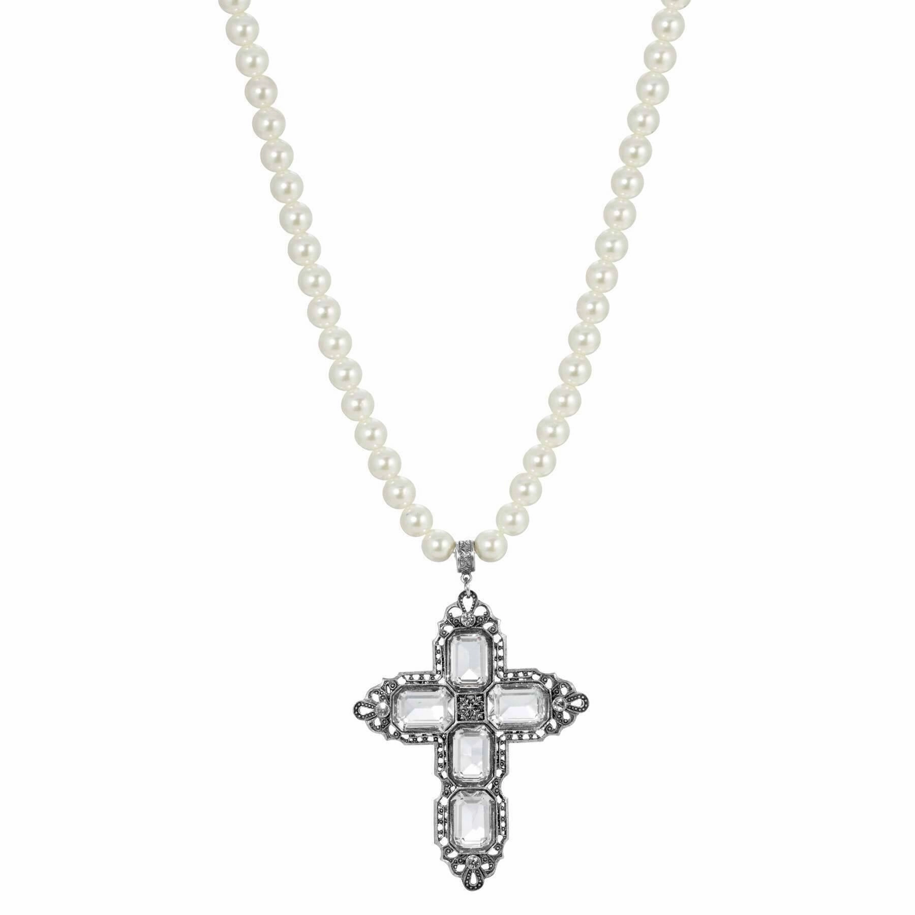 Symbols Of Faith Octagon Stone Cross Pendant 10mm Faux Pearl Strand Necklace 18"   3" Extender