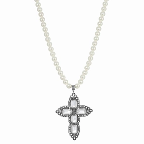 Symbols Of Faith Octagon Stone Cross Pendant 10mm Faux Pearl Strand Necklace 18"   3" Extender