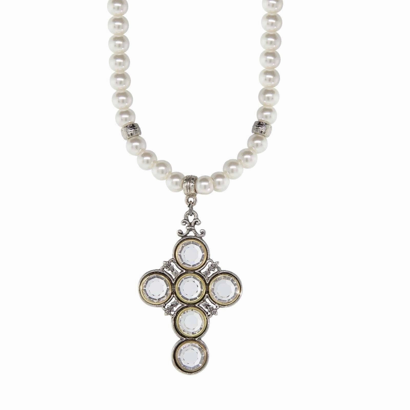 Symbols Of Faith Pewter Crystal Cross 6mm Faux Pearl Strand Pendant Necklace 15"   3" Extender