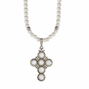 Symbols Of Faith Pewter Crystal Cross 6mm Faux Pearl Strand Pendant Necklace 15"   3" Extender