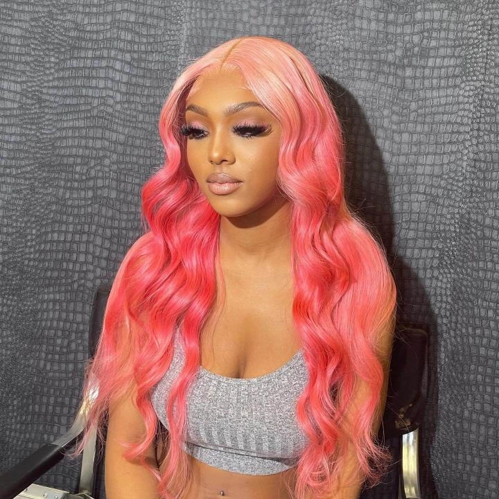 Tuneful Special Customise Ombre Pink Colored 13x6 Lace Front Human Hair 613 Frontal Wigs 210% Density
